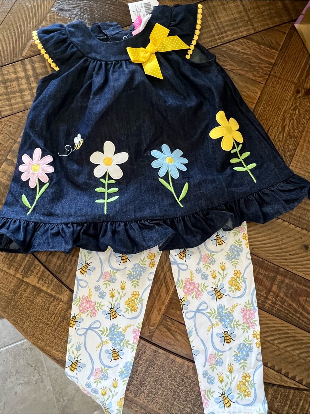 Denim Floral Dress & Bee Print Leggings - Yellow Accents. NWT. Size 2T